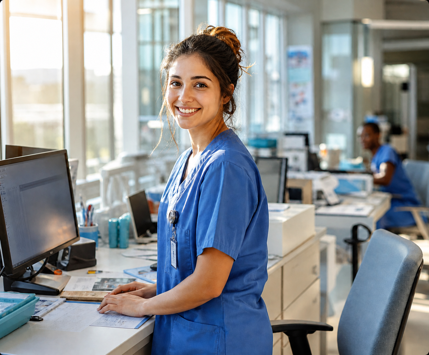 Nurse in blue scrubs typing on a computer