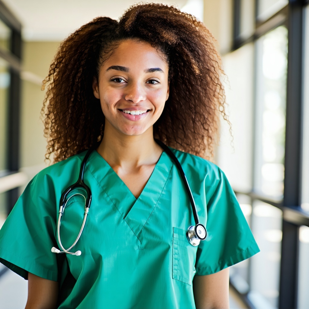 nursing student wearing green scrubs
