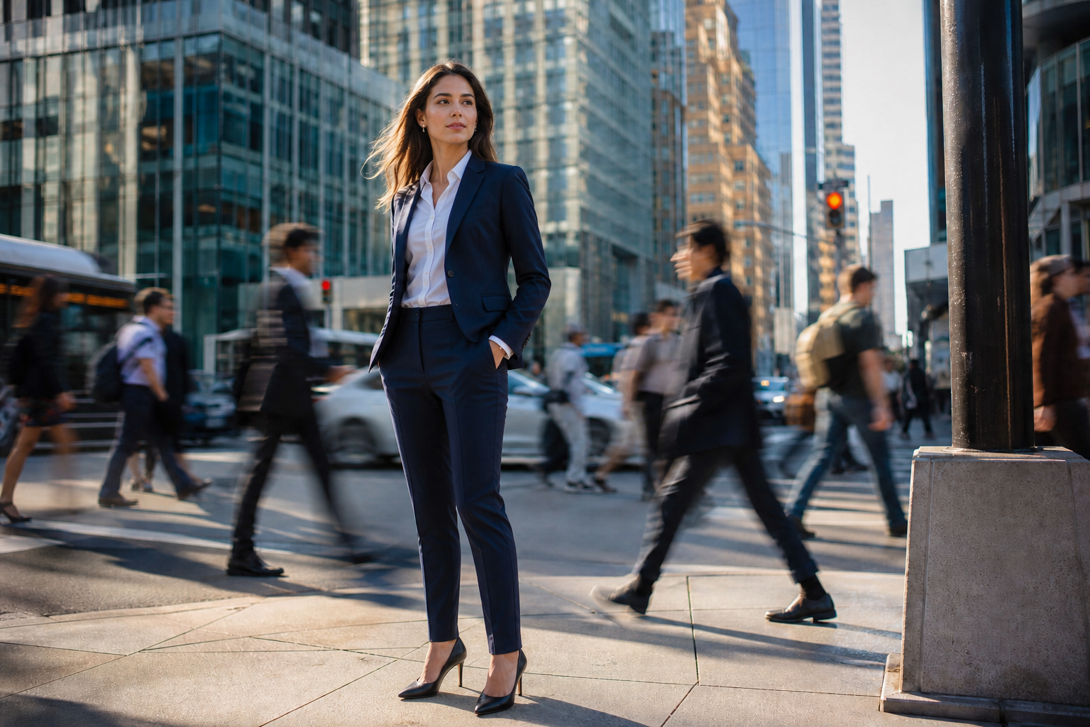 Successful Young Woman In Suit On Busy City